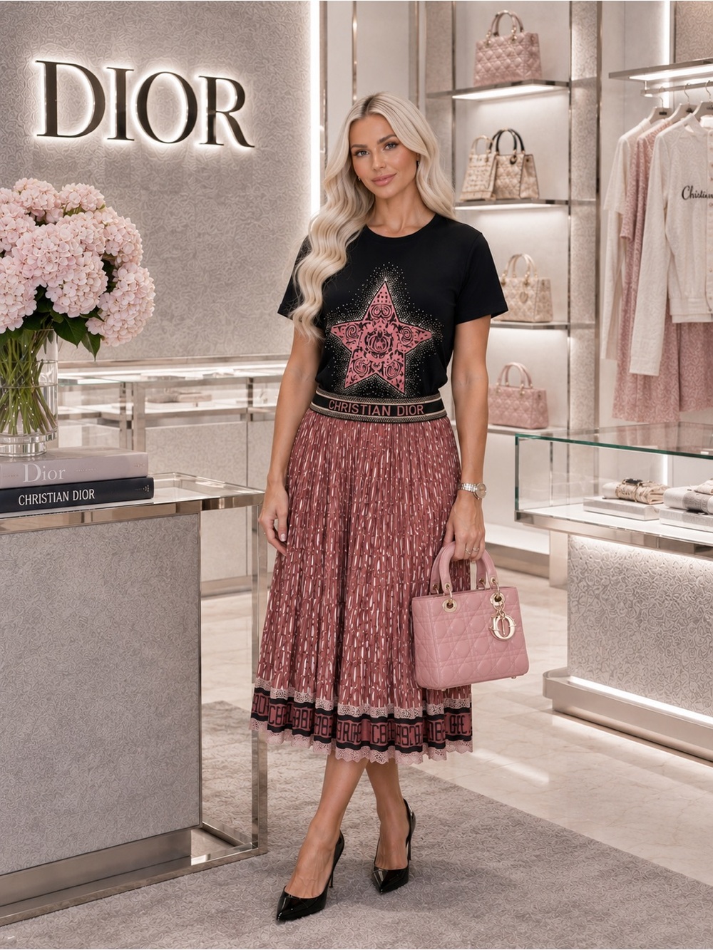 Luxury Fashion Women's Pink Midi Pleated Skirt Set Sparkle
